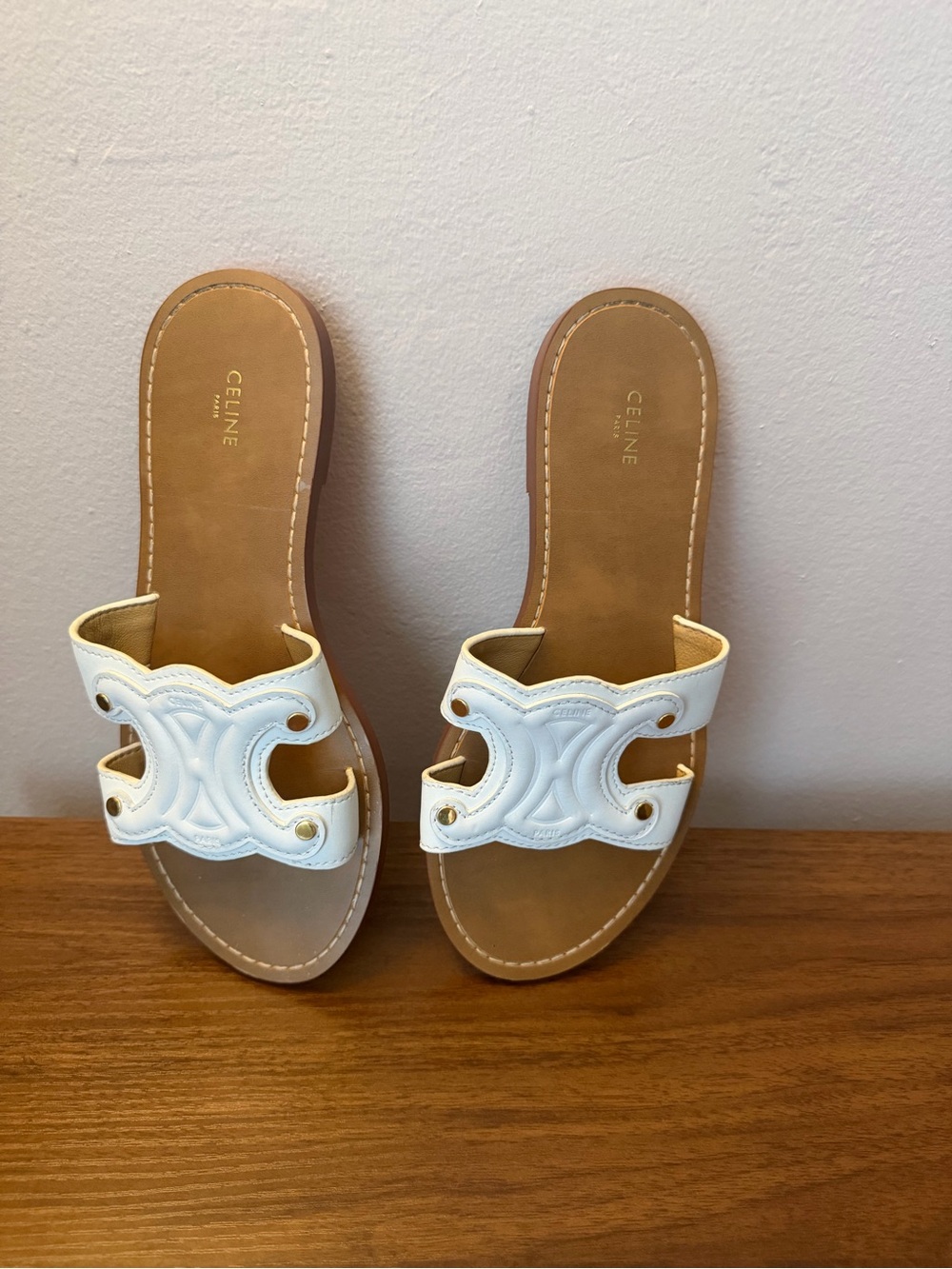 CELINE White Leather Slide Sandals for Women